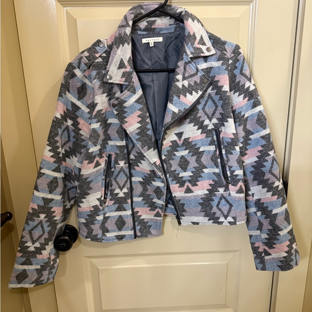 Aztec Patterned Gray and Pink Bomber Jacket